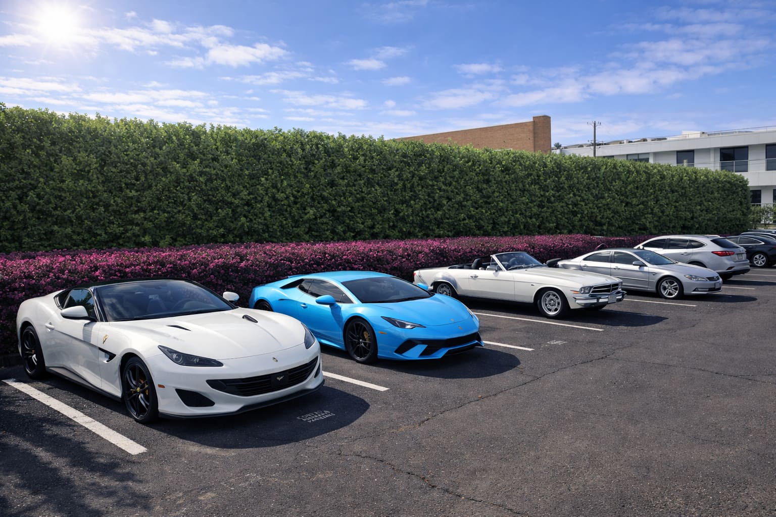 Luxury lifestyle — white Ferrari and blue Lamborghini